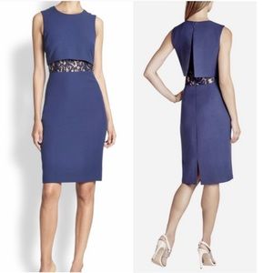 BCBGMaxAzria Baylee Sleeveless Flyaway Back Dress Blue Navy Sheer Lace Size 0